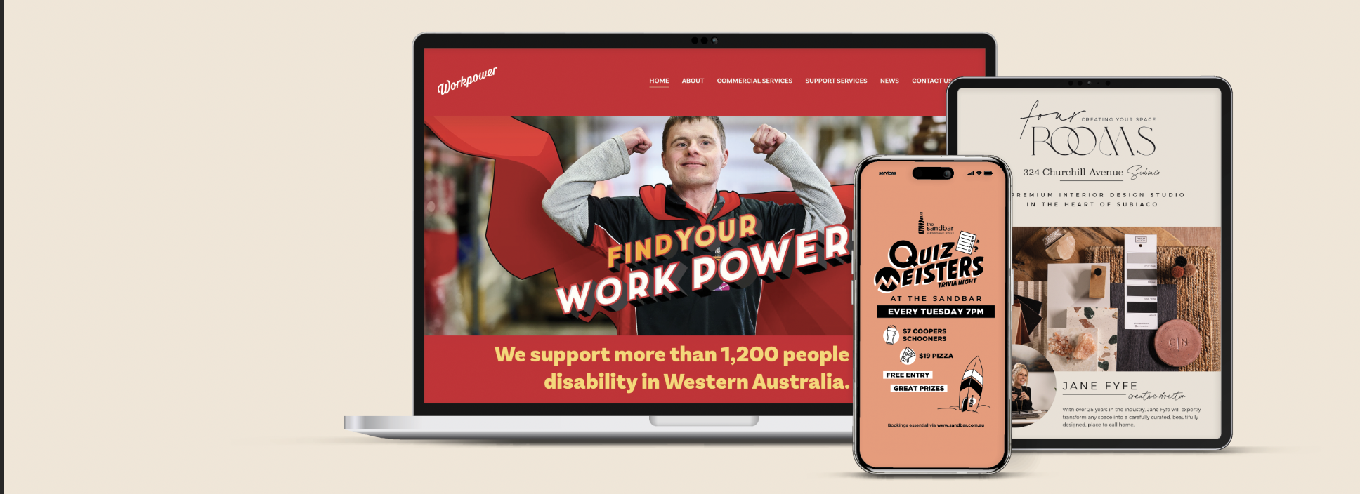 Multiple digital devices displaying various websites: a laptop showing a support website with a man flexing his biceps and the text 'Find Your Work Power,' a smartphone with an event promotion for quiz night at the sandbar, and a tablet showcasing an interior design studio's portfolio and contact information.