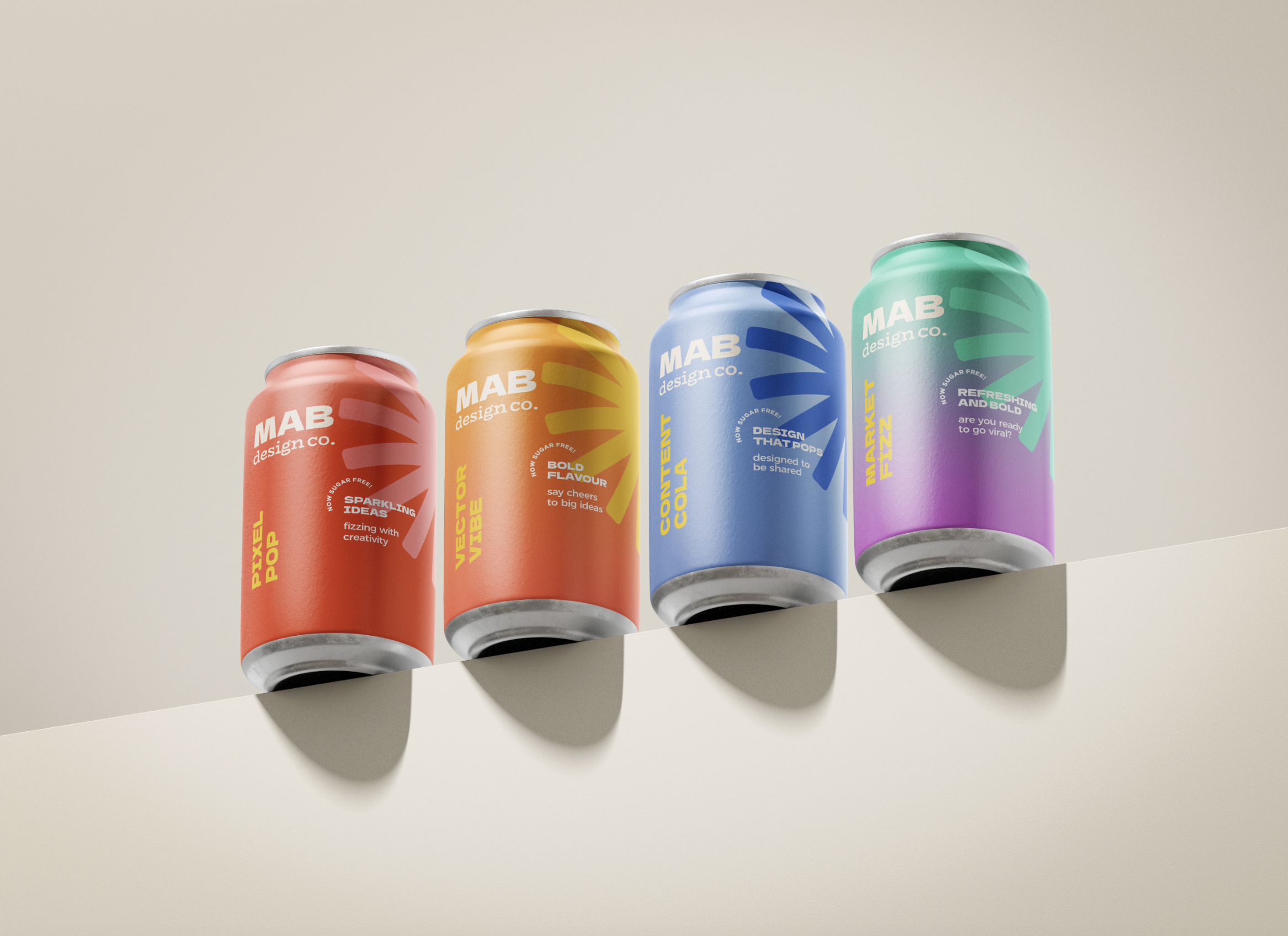 Four colorful soda cans arranged in a row on a white surface with shadows, featuring bold graphic designs and text.