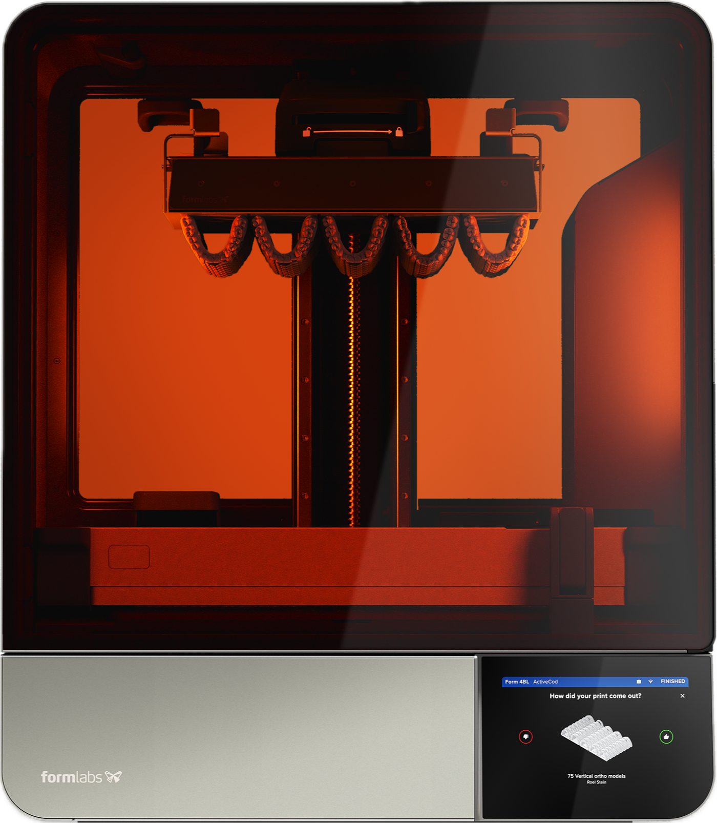 A 3D printer with orange and black components printing a model, with a touchscreen displaying print progress and a question about print quality.