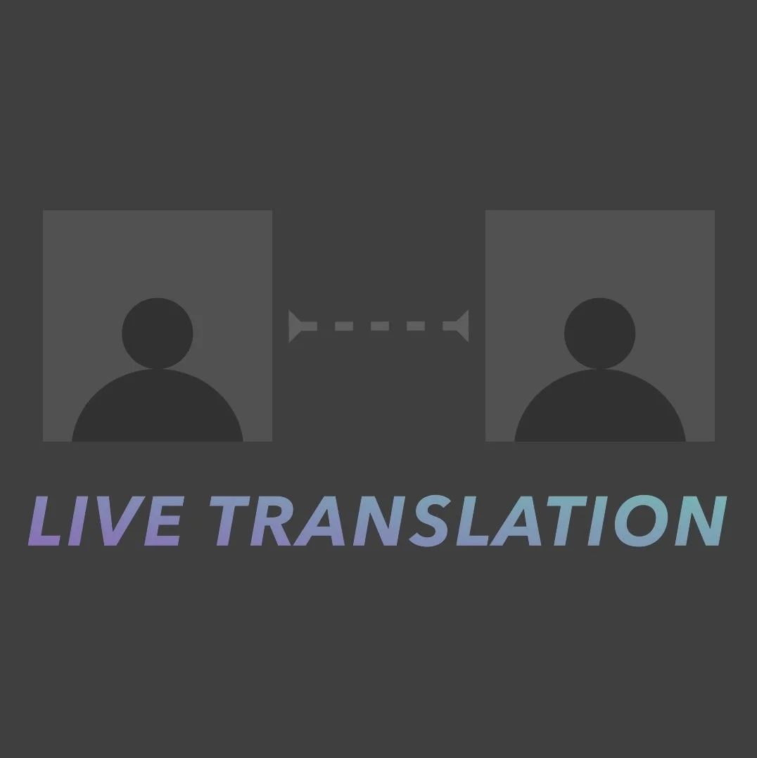 Graphic of two people communicating with a dotted line and the text "LIVE TRANSLATION" below in gradient colors.