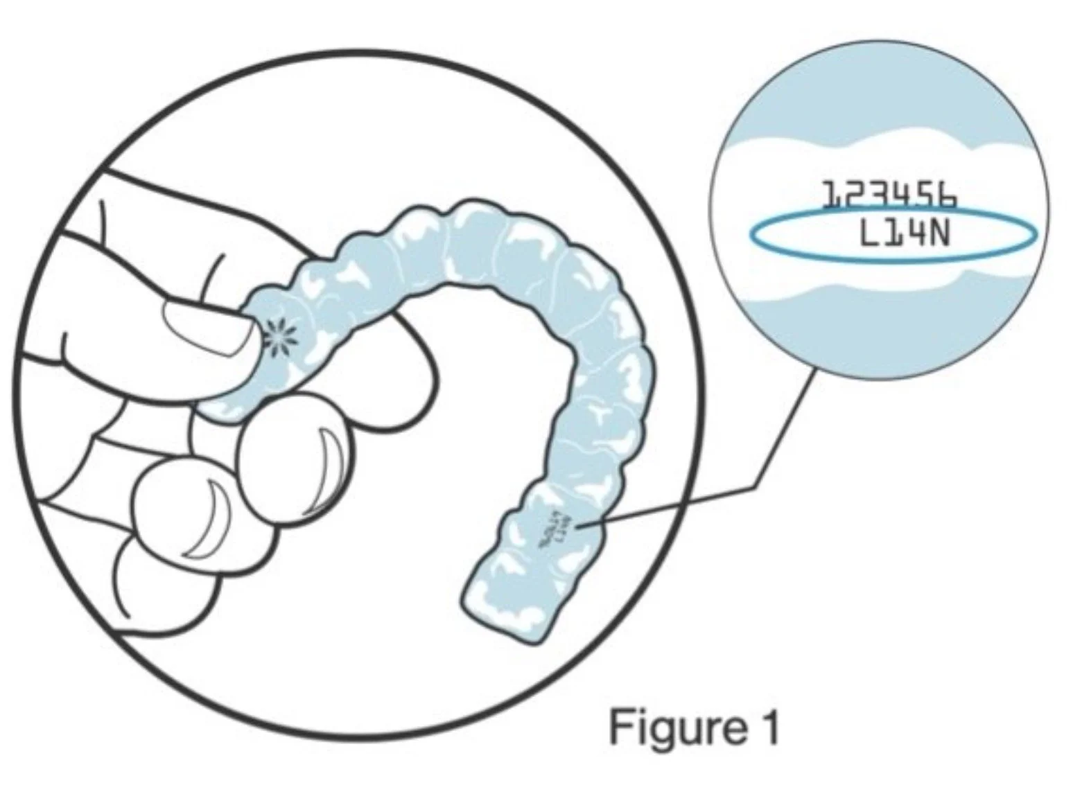 Illustration showing a person holding a dental aligner with a magnified view of the aligner's dimensions and brand, labeled 'L14N' and measuring 1.22 to 4.56 mm.