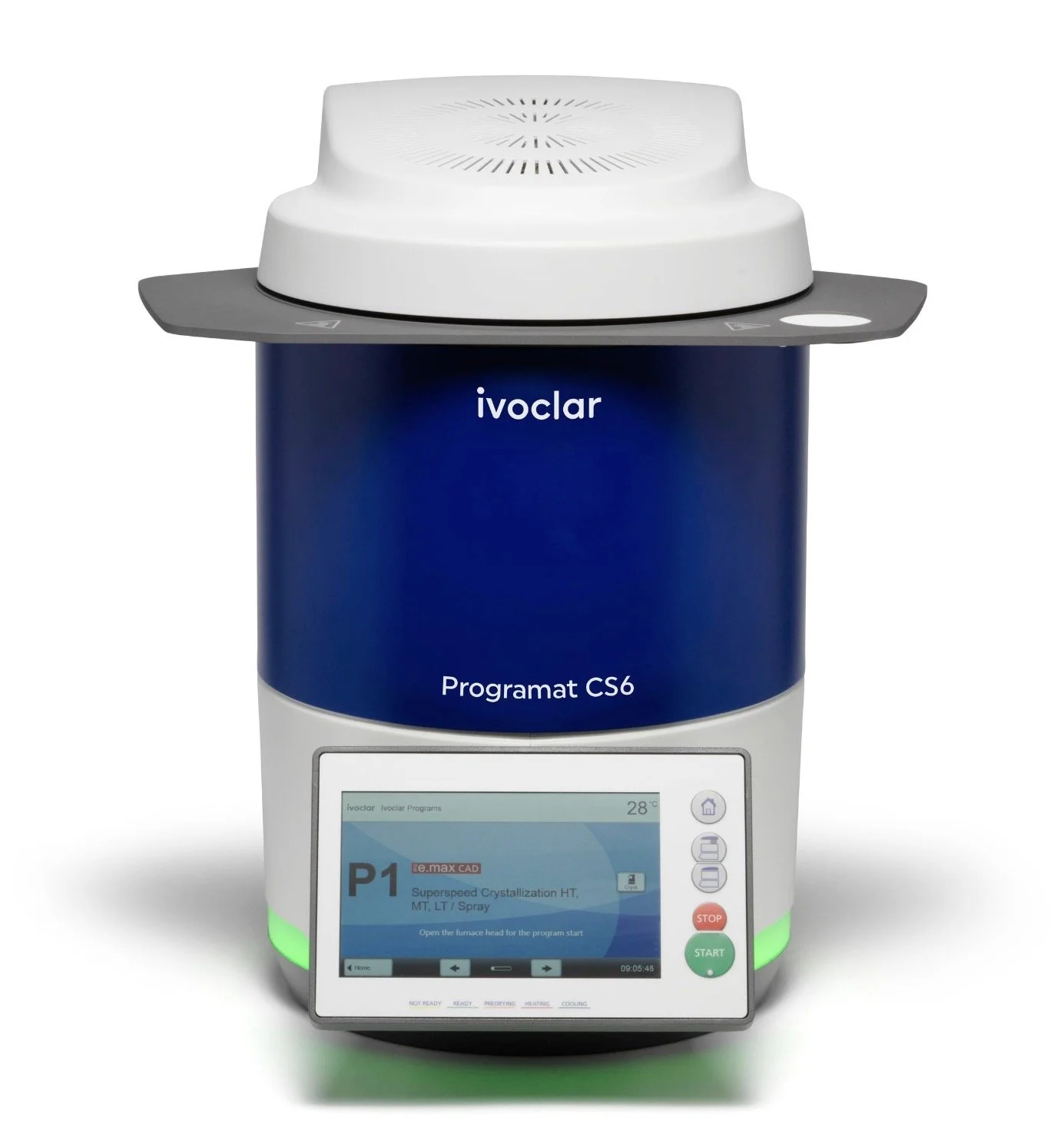 A laboratory device with a large cylindrical top labeled 'ivoclar', a digital touchscreen at the bottom displaying a program named P1, and several control buttons and lights, used for dental or scientific procedures.