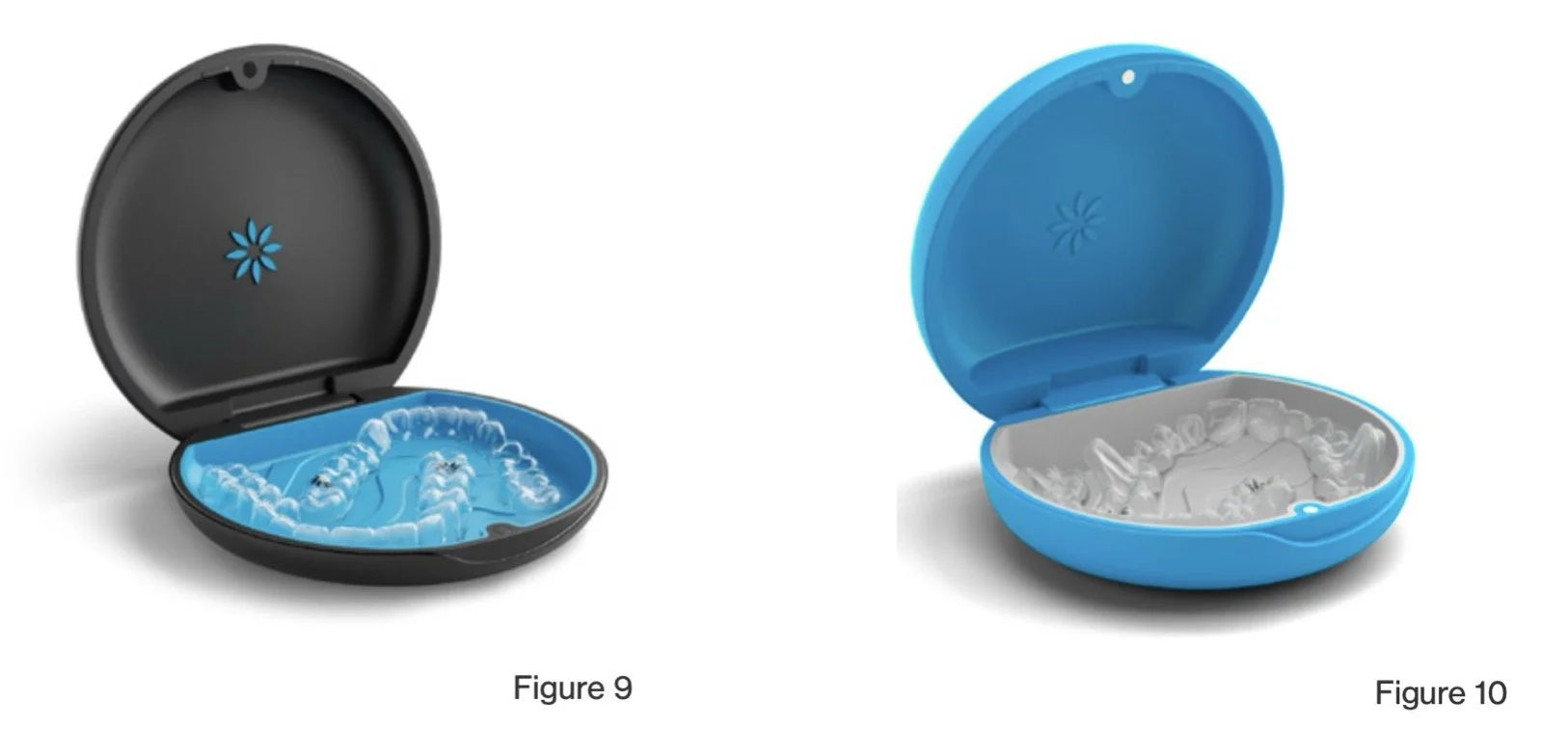 Two open cases, one black and one blue, containing small plastic molds resembling teeth or dental impressions.