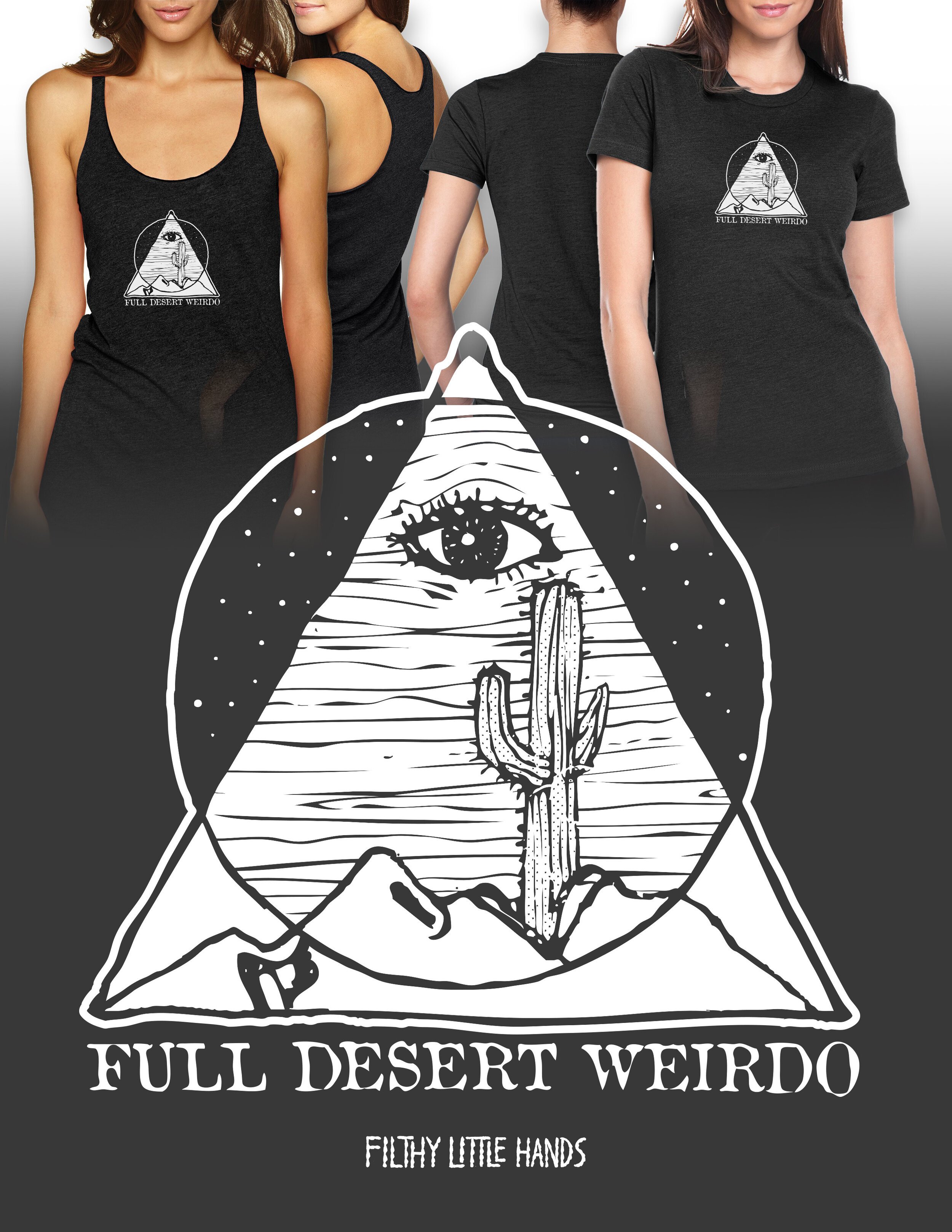Photo of many people wearing different styles of FDW tee shirts with Full Desert Weirdo logo on the chest.