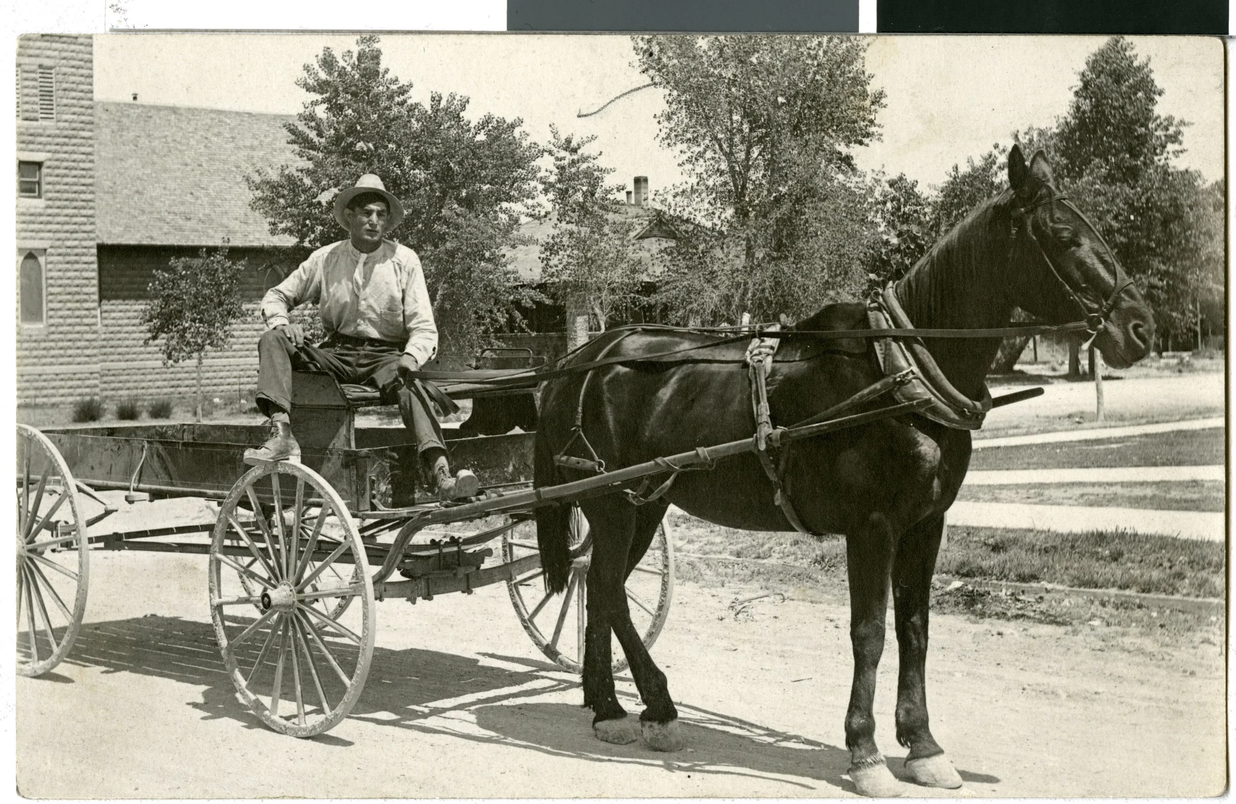 a black and white photo of antone matteucci, an italian settler sitting on a wagon being pulled by a brown horse