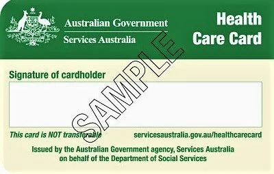 Australian Government Services Australia health care card with space for signature of cardholder and a note that the card is not transferable.