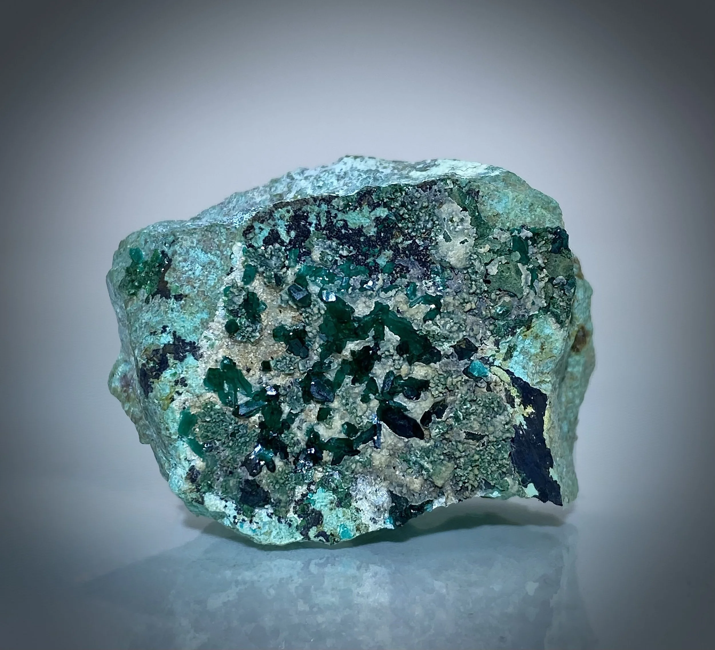 Dioptase on Chysocolla - #1 Glory Hole, Magma Mine, Pinal County, Arizona 2.jpeg