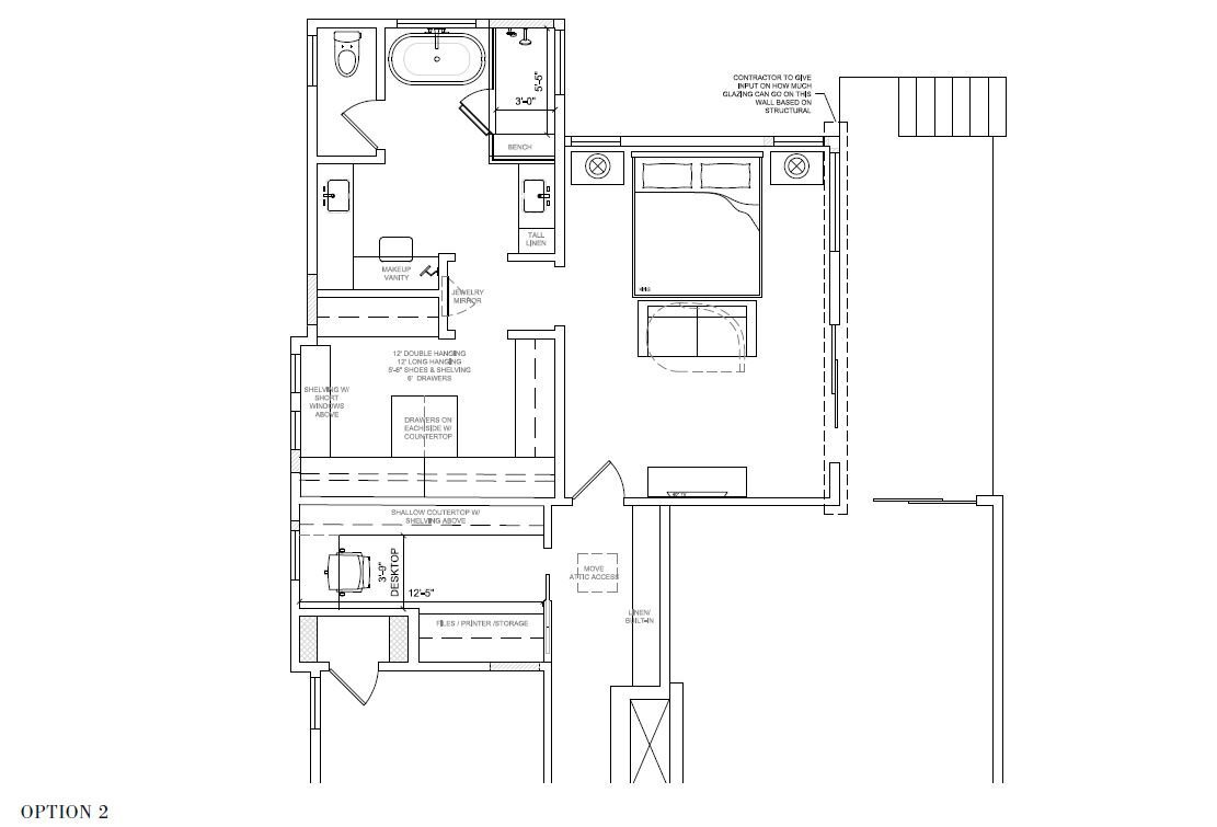  Studying alternative locations for bathroom and orientation of bed in room. 