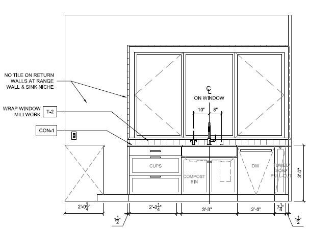  Kitchen sink elevation depicting placement, spacing, and product selections. 