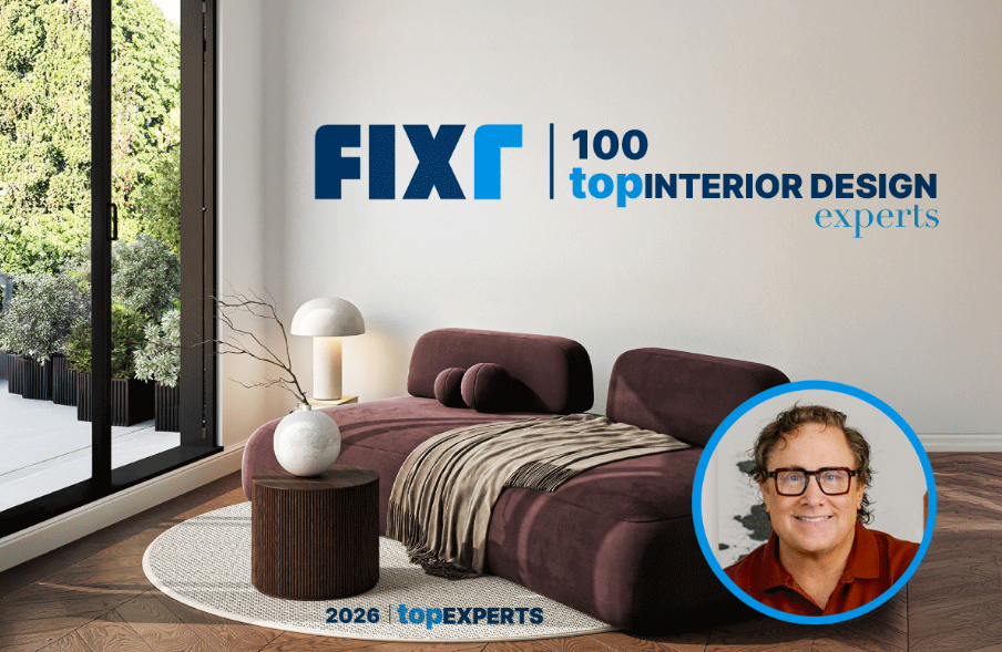 A announcement showing Garrison Hullinger as one of the top 100 interior design experts by Fixr.com.
