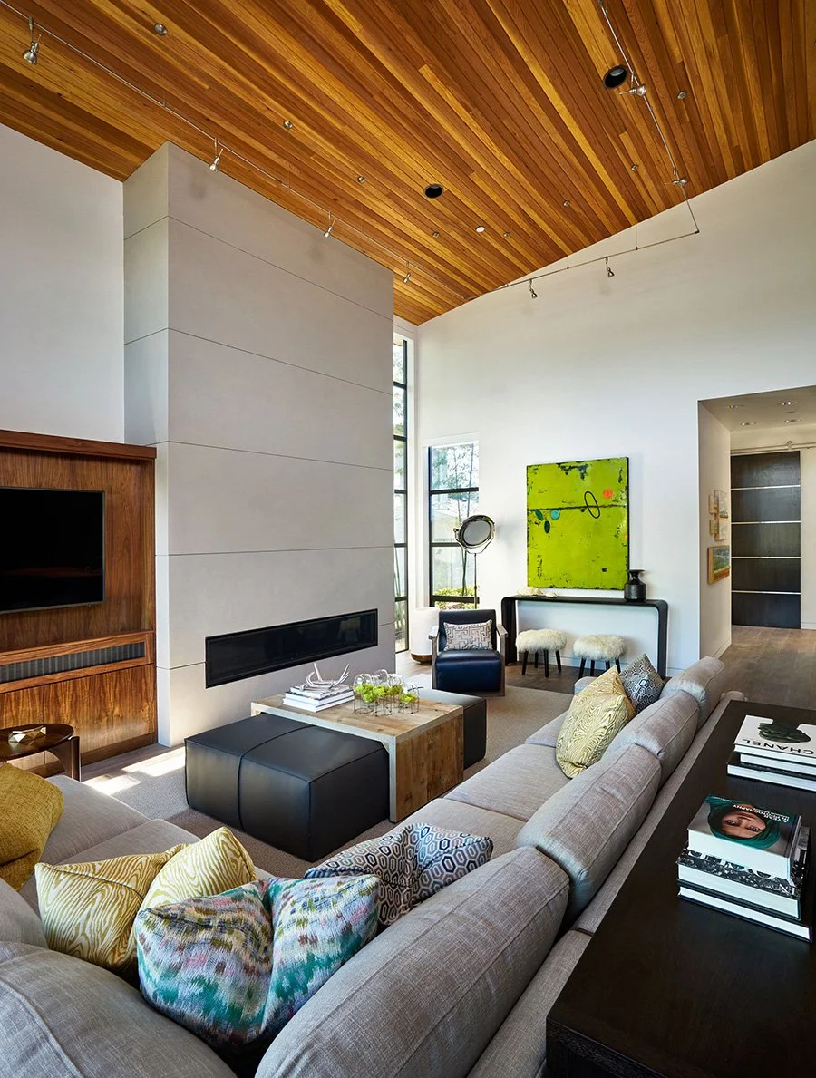 A high-ceilinged living room.
