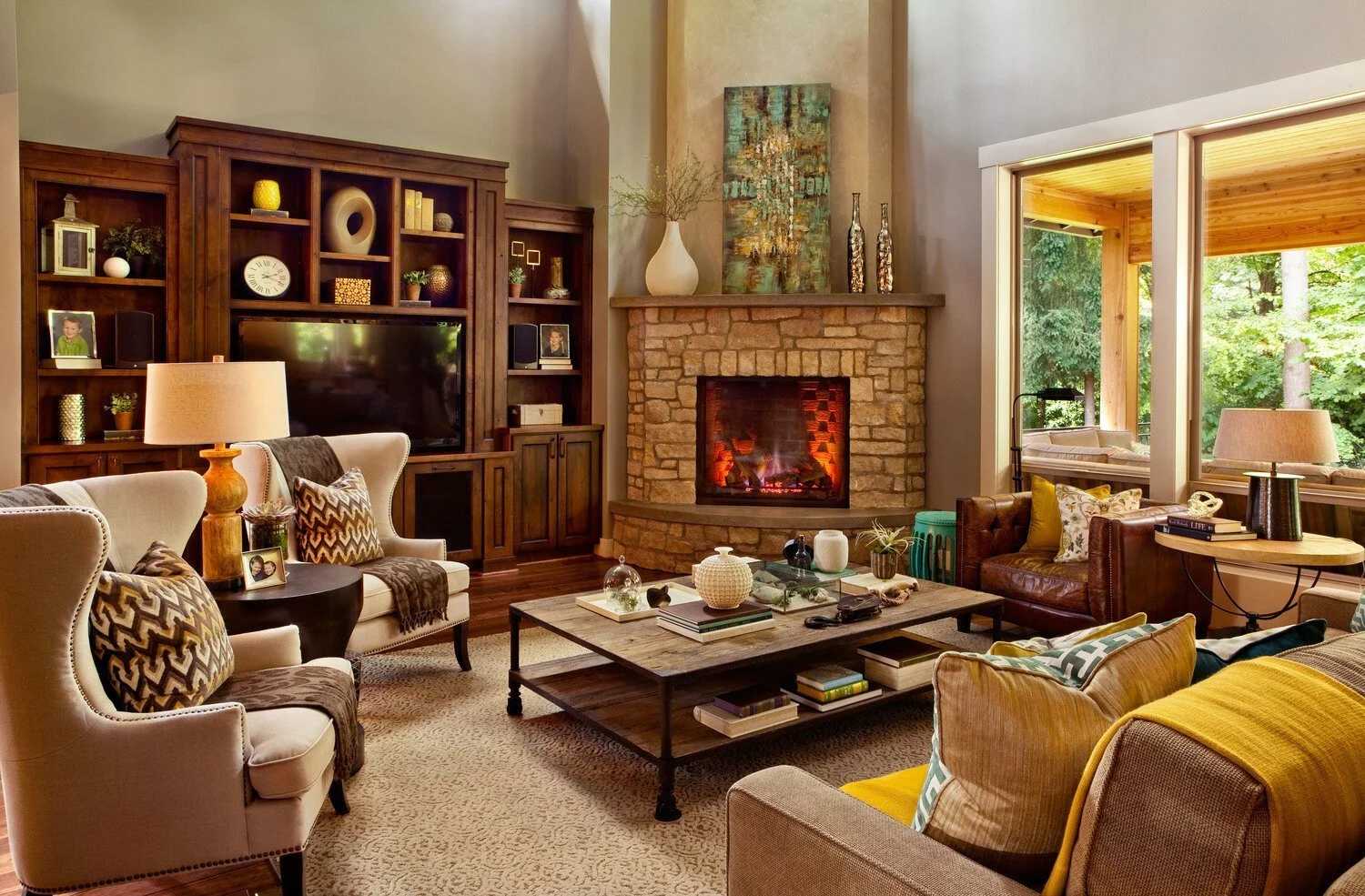 A unique living room with a corner fireplace.