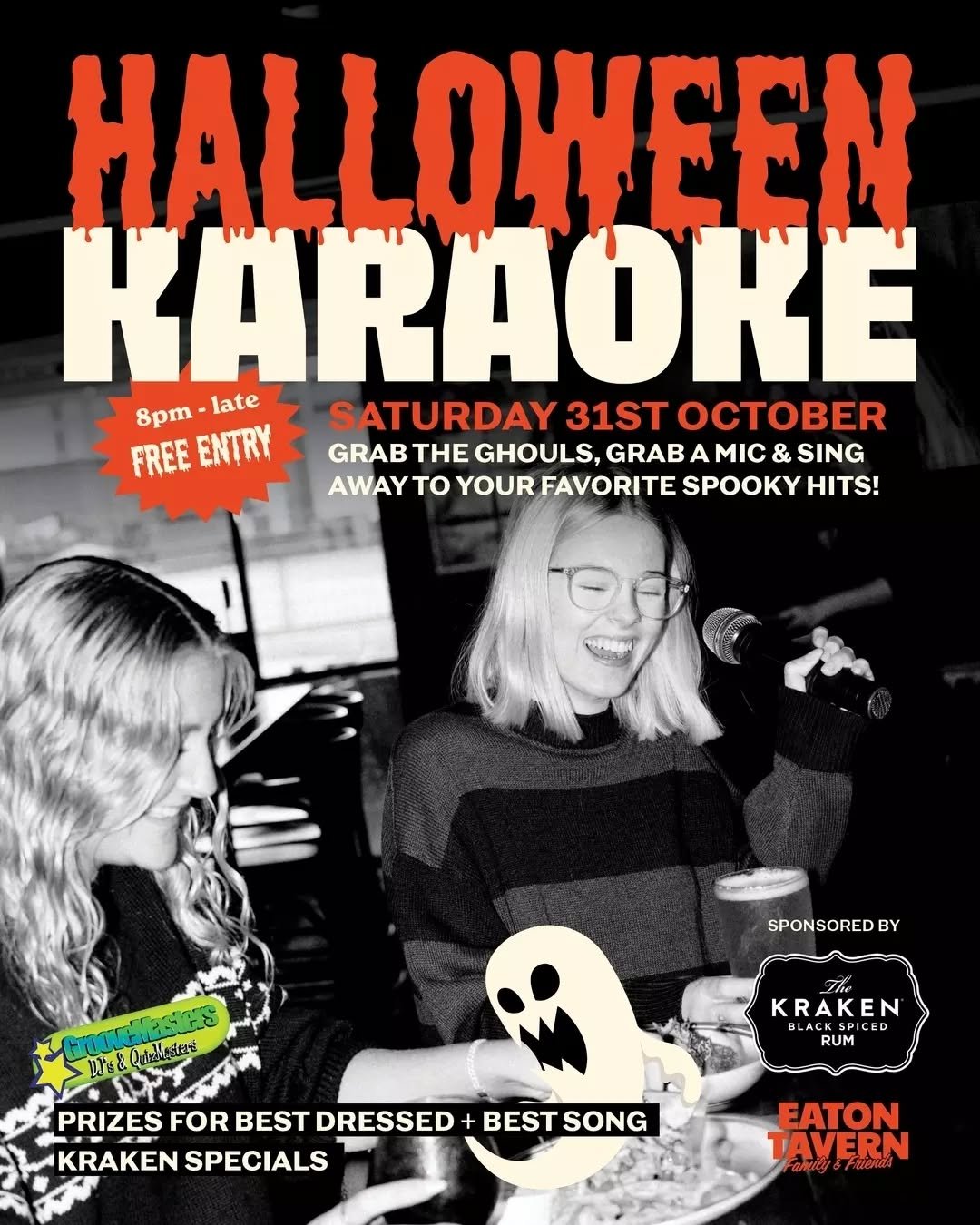 🎃 Halloween Karaoke at the Tav!

Get dressed up, grab the mic and get ready for a big night in the Front Bar.

🏆 Best Dressed prizes
🎤 Best Song prizes
🍹 Kraken specials
🕺 Free entry

8pm till late. Pick your song and have a crack!