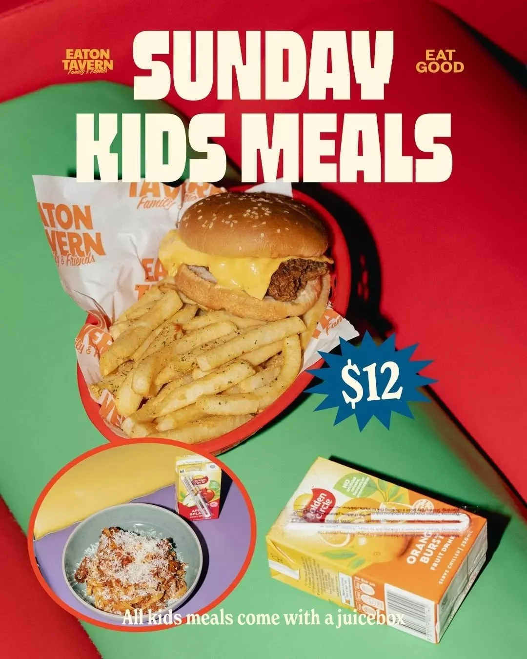 Sundays just got a whole lot easier!

Kids meals for just $12, with a juicebox included. Because happy kids = happy parents = more time to enjoy your own lunch. 

Round up the fam and let Eaton handle Sunday arvo!