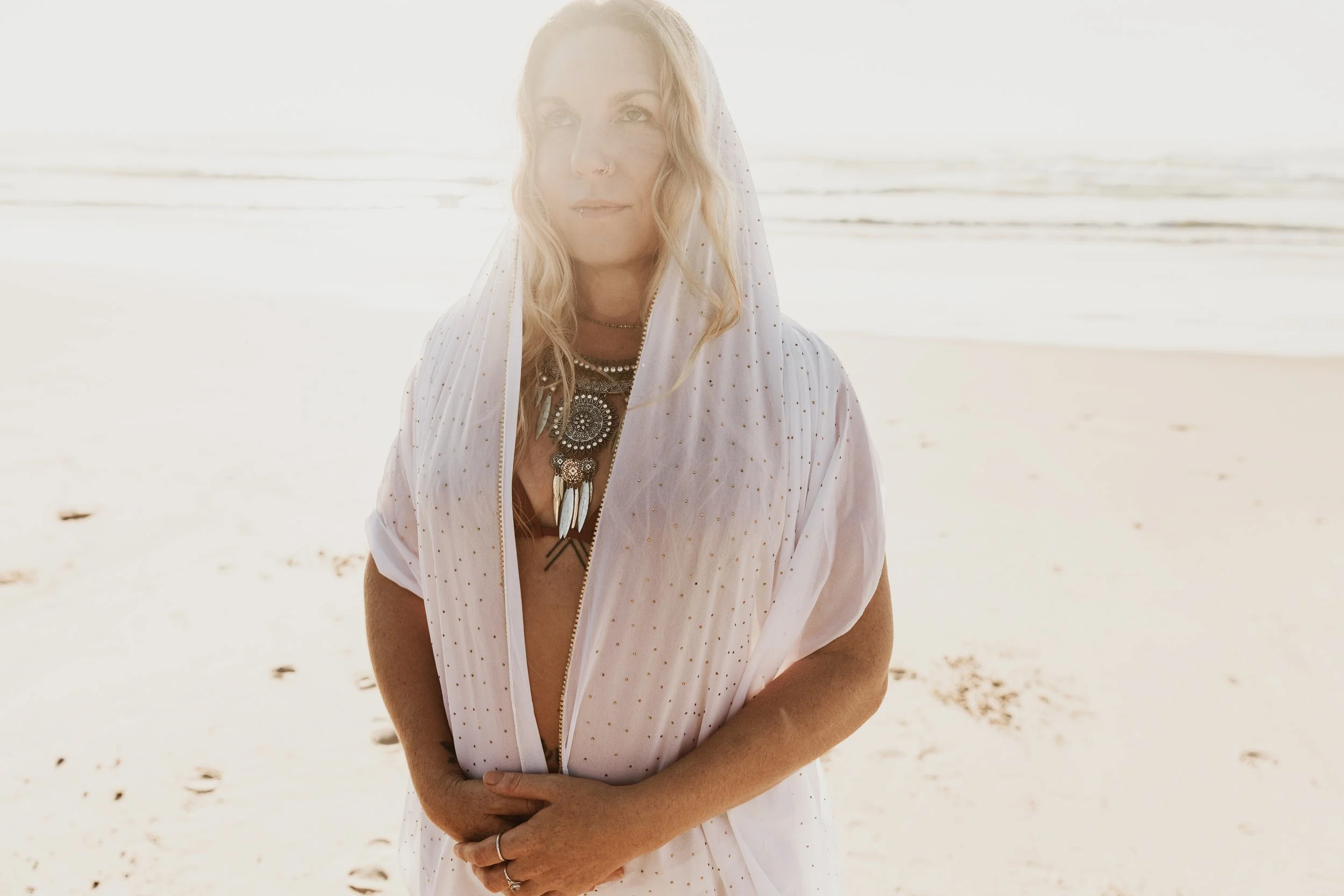 A woman with long blonde hair standing on a beach, wearing a white, dotted cover-up with sunglasses and jewelry, with the ocean in the background.