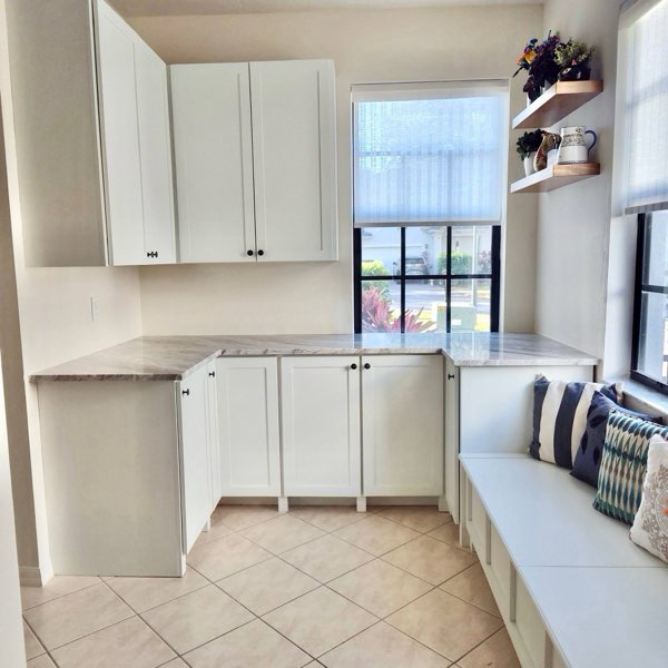 Custom kitchen with 44" Uppers and Bench Storage & Seating