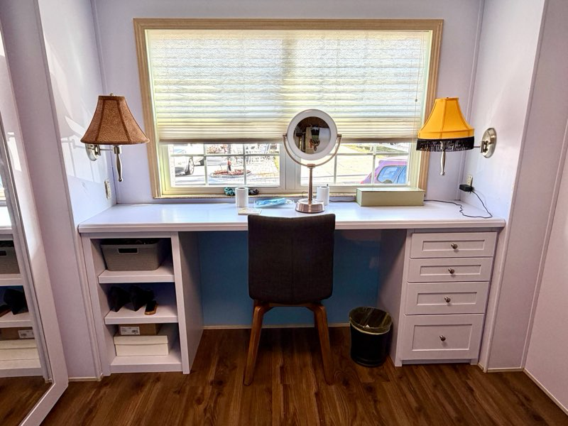 
Window Niche Vanity / Make-up Desk 
   Style: Modern Contemporary  •  Finish: Satin soft lavender   •  Features include Birch Soft-Close Drawers with Recessed Panel Drawer Fronts