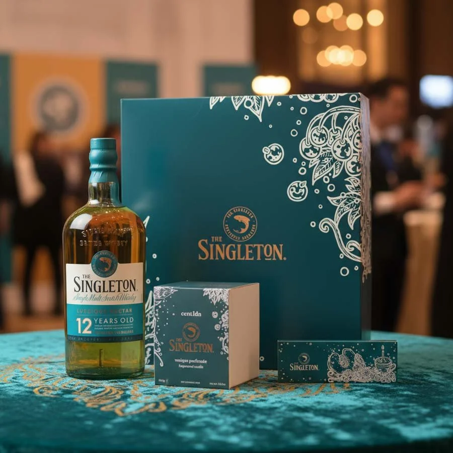 Singleton whisky promotional packaging with branded bottle box and printed gift packaging at a launch event