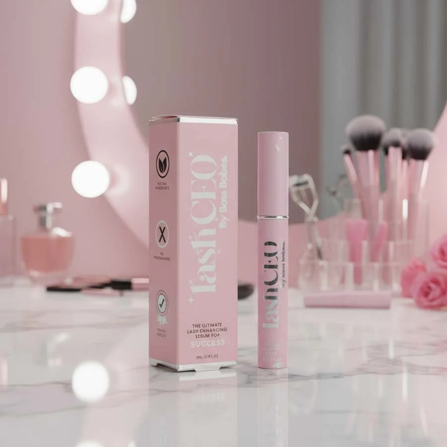 Premium skincare packaging for lash serum with printed carton and branded bottle