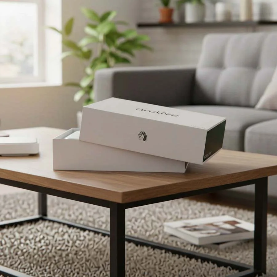 Electronics packaging rigid lid and base box with minimalist branding and precision fit design for premium device presentation in a lifestyle setting