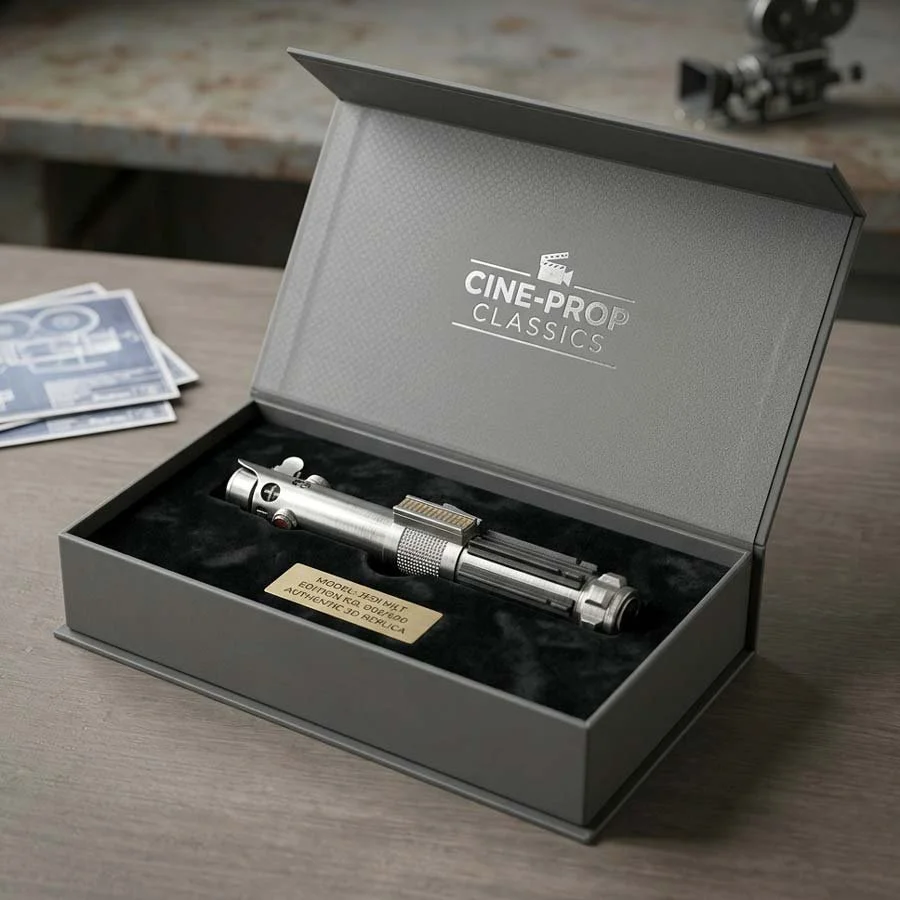 Custom collectibles packaging for a replica movie prop, shown in a hinged presentation box with fitted insert, branded lid and authentication plaque.