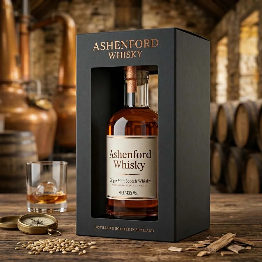 SKUBOX premium whisky packaging with die-cut window, matte black finish and foil branding presenting single bottle in a retail environment