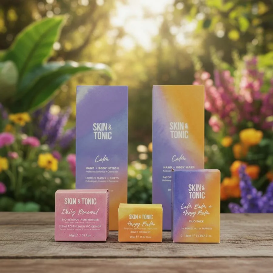 Skincare packaging collection with multiple carton boxes designed for retail display