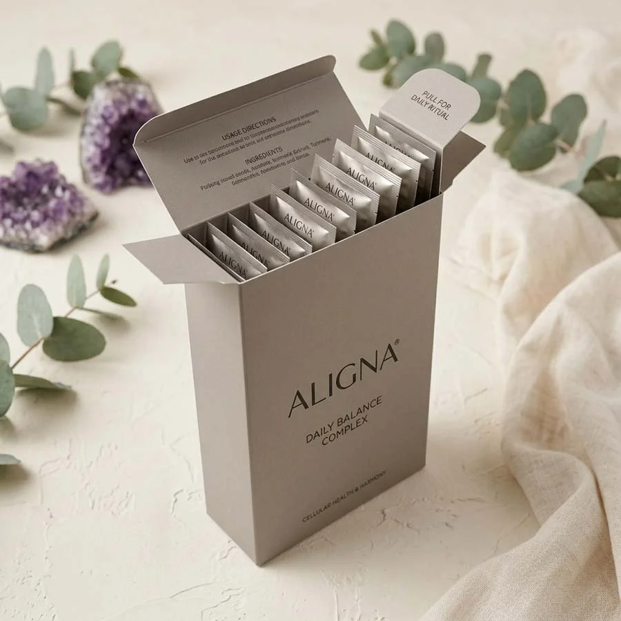 Supplement packaging carton with pull tab mechanism lifting daily sachets at an angle for easy access and premium unboxing experience