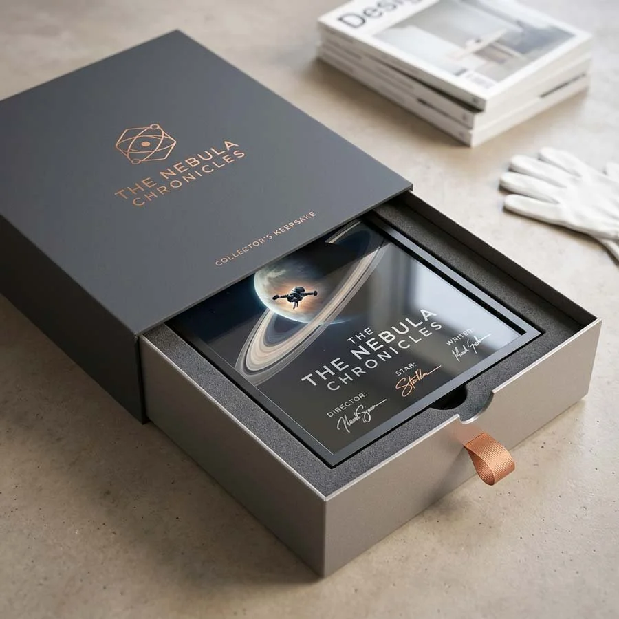 Custom collectibles packaging for a film memorabilia plaque, shown in a rigid drawer box with ribbon pull, fitted insert and premium printed branding.