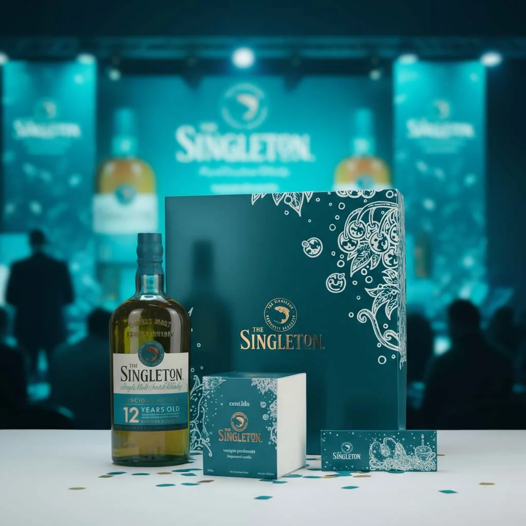 Large rigid lid and base promotional box with foil print and fitments for a bottle and companion items on display