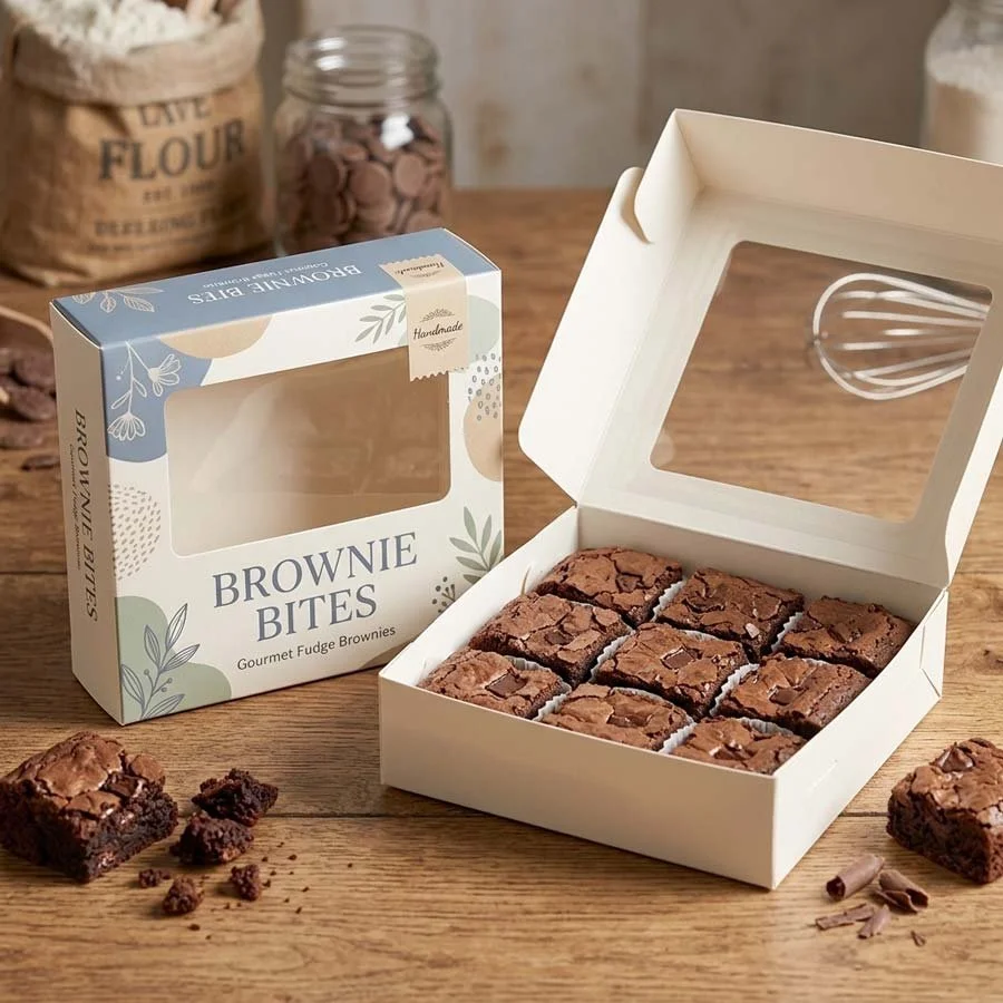 Custom designed bakery packaging for brownie bites with printed window box