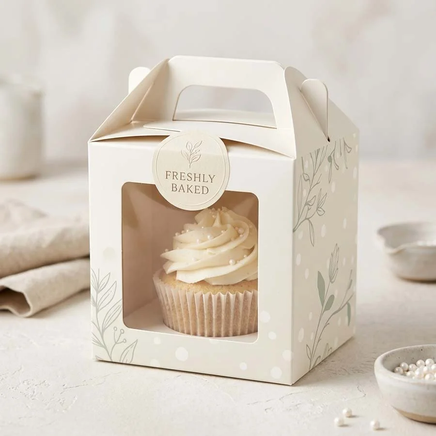 Custom bakery packaging design for a single cupcake box with window and carry handle