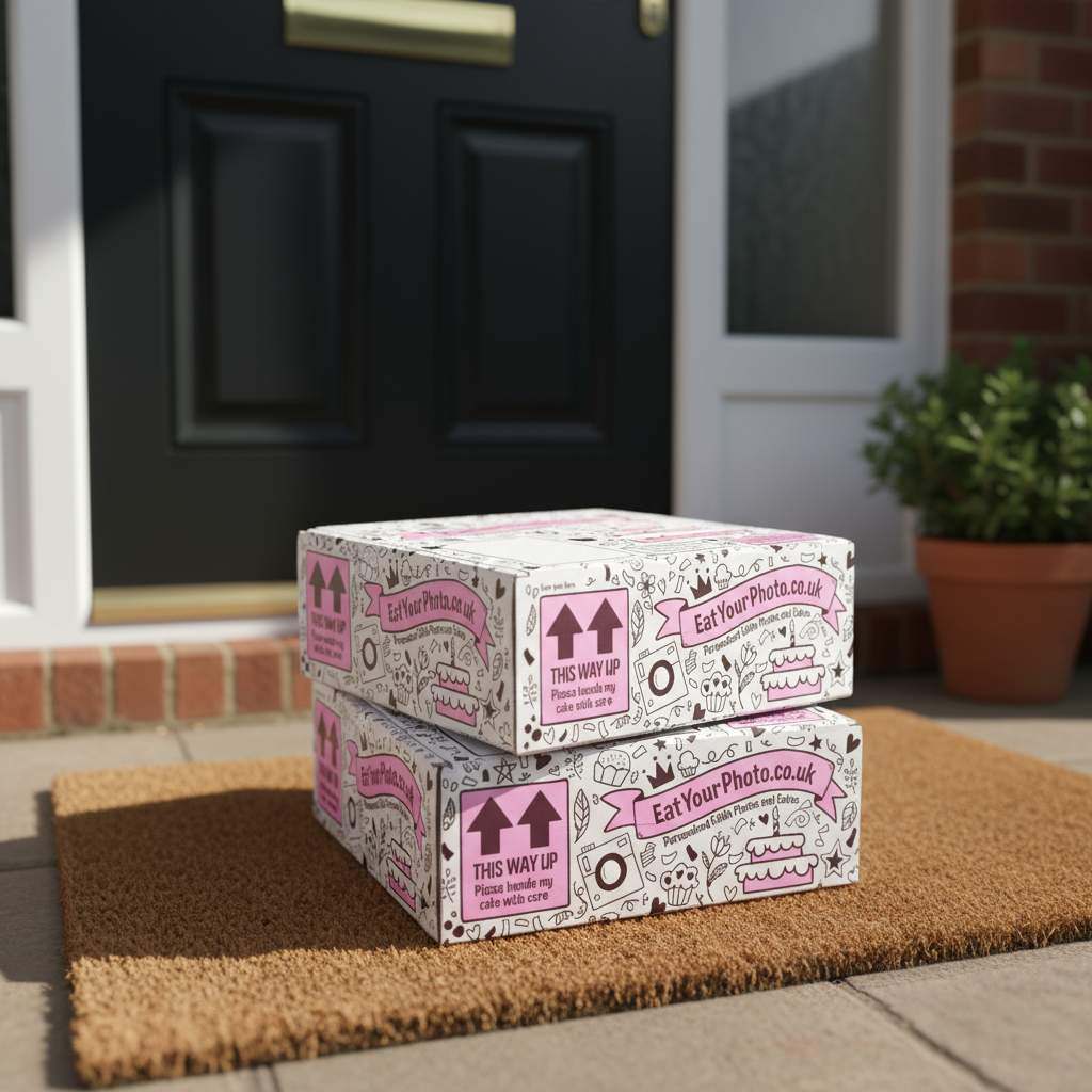 Seamless illustrated cake box artwork, line drawings with pink panels, print ready packaging design