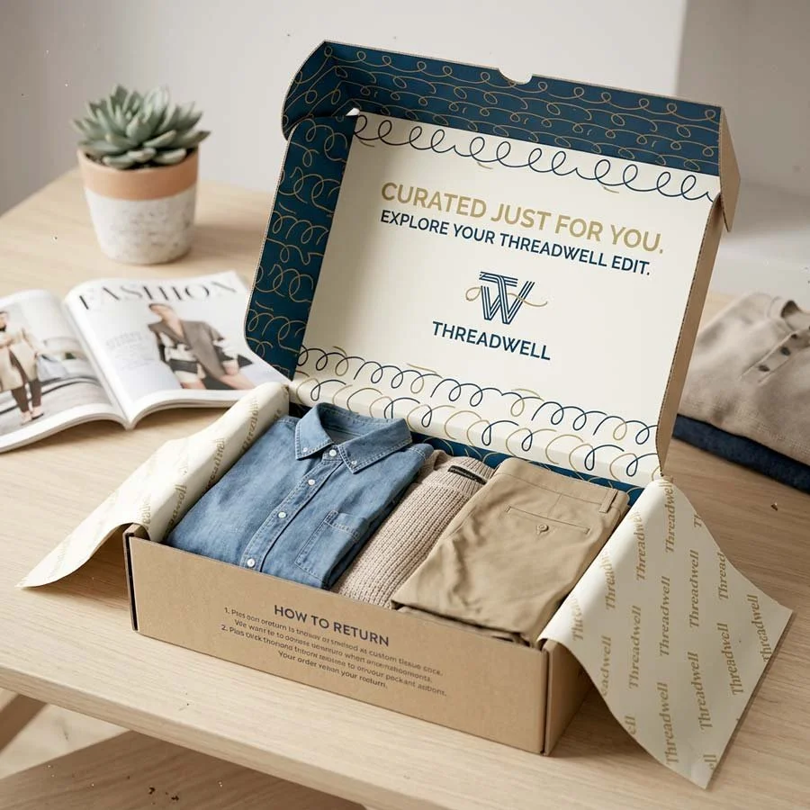 Fashion ecommerce packaging FEFCO 0427 mailer box with printed interior branding, tissue wrap and neatly folded clothing in a lifestyle setting