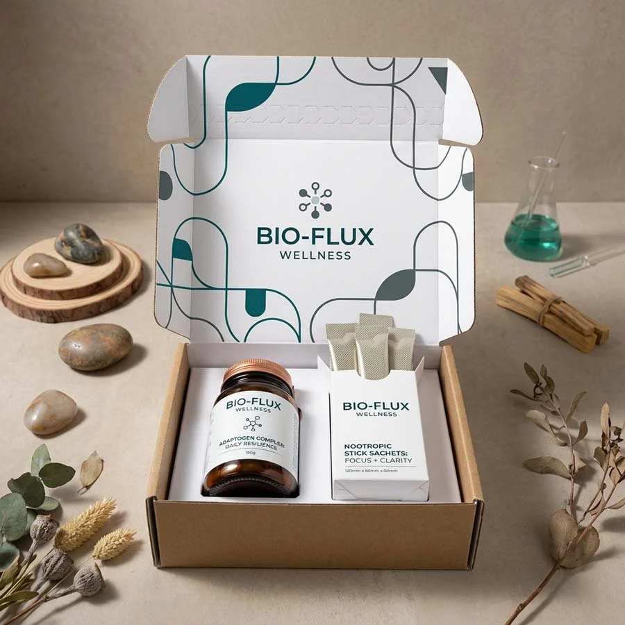 Supplement packaging corrugated mailer box with printed interior and card insert holding supplement jar and sachets in a wellness setup