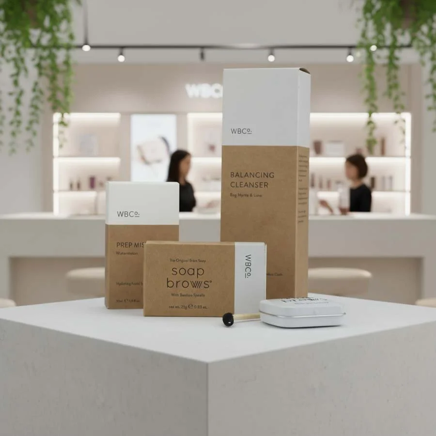 Upgraded cosmetic packaging for WBC skincare range, improving board quality and achieving strong white branding on kraft cartons using multi-layer white print.
