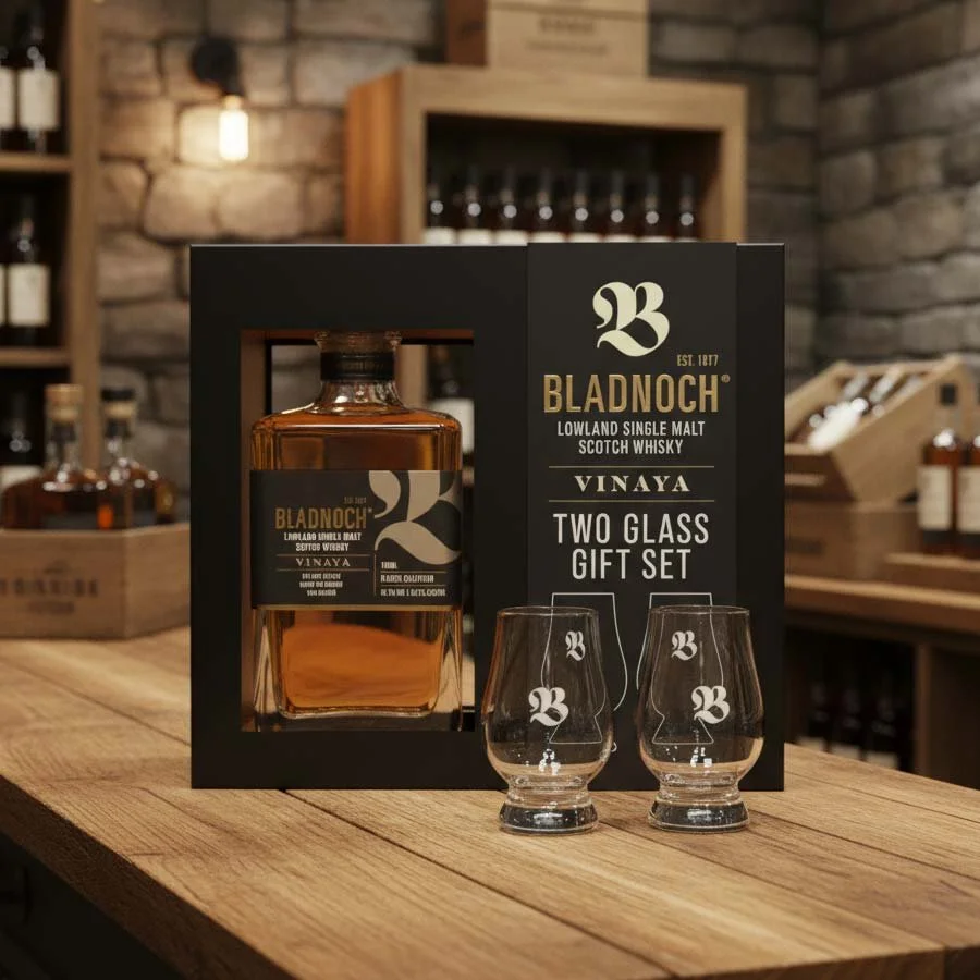 Retail product packaging gift set with branded box, product bottle and accessories presented together for shelf display