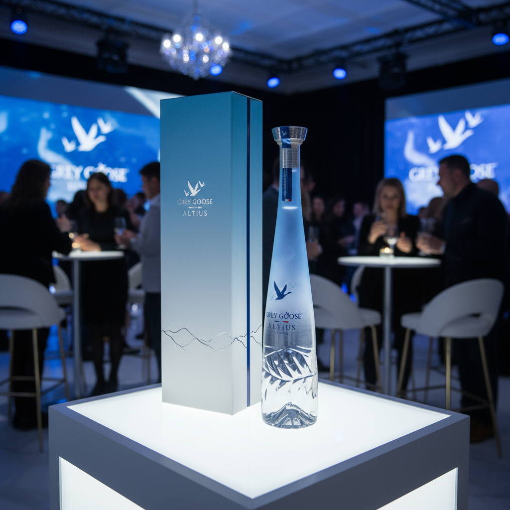 Rigid hinged shoulder promotional box with magnetic closure and foil print beside a tall bottle at a promo event