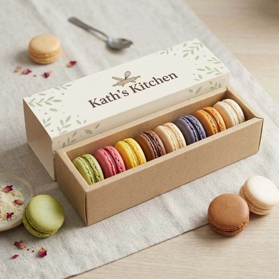 Custom macaron packaging design with printed sleeve and kraft tray