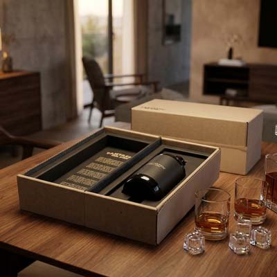  The Dogs Box, premium ecommerce spirits pack with hinged reveal and shaped bottle cut-outs by Fantastic Mr Box Packaging Experts