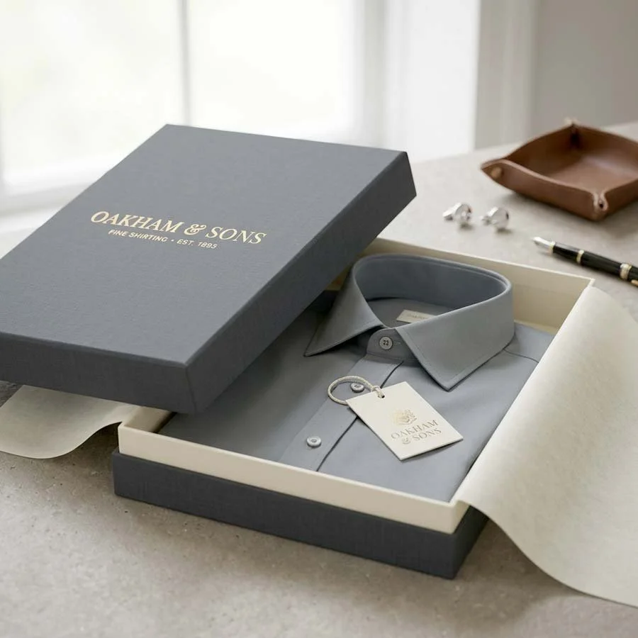 Premium fashion packaging rigid lid and base box with minimalist foil branding and tissue wrap presenting a luxury shirt in a lifestyle setting