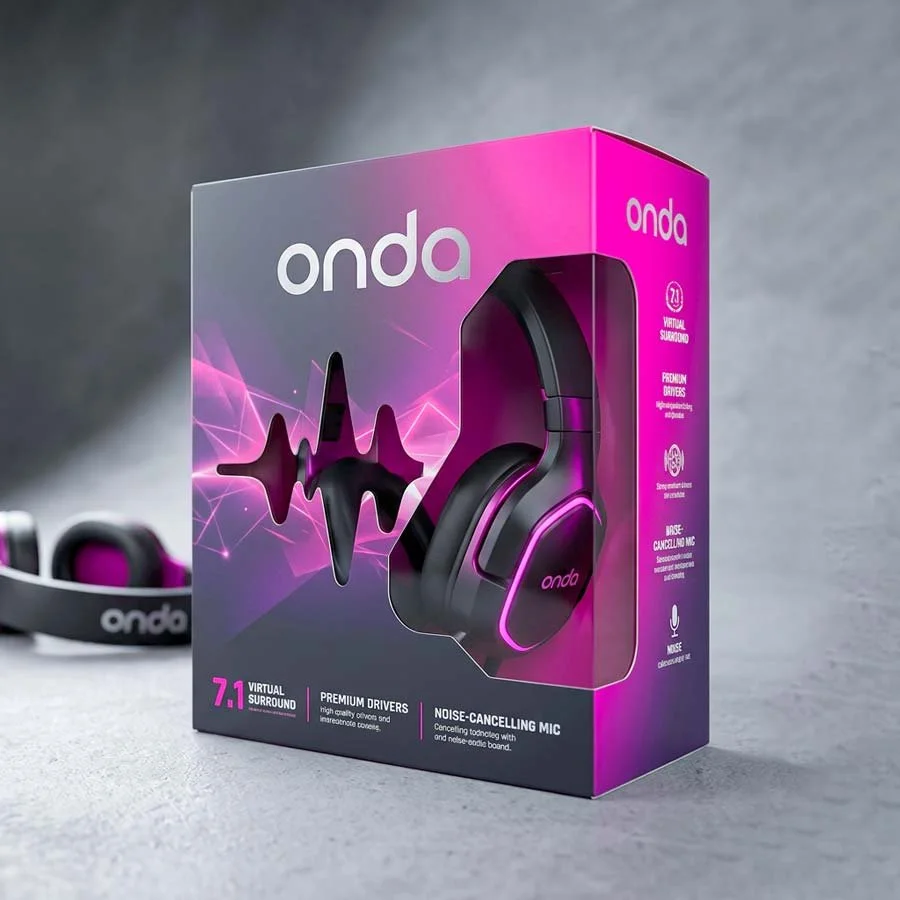 Electronics packaging retail carton with die cut window showcasing headphones, bold printed graphics and product feature callouts for shelf impact