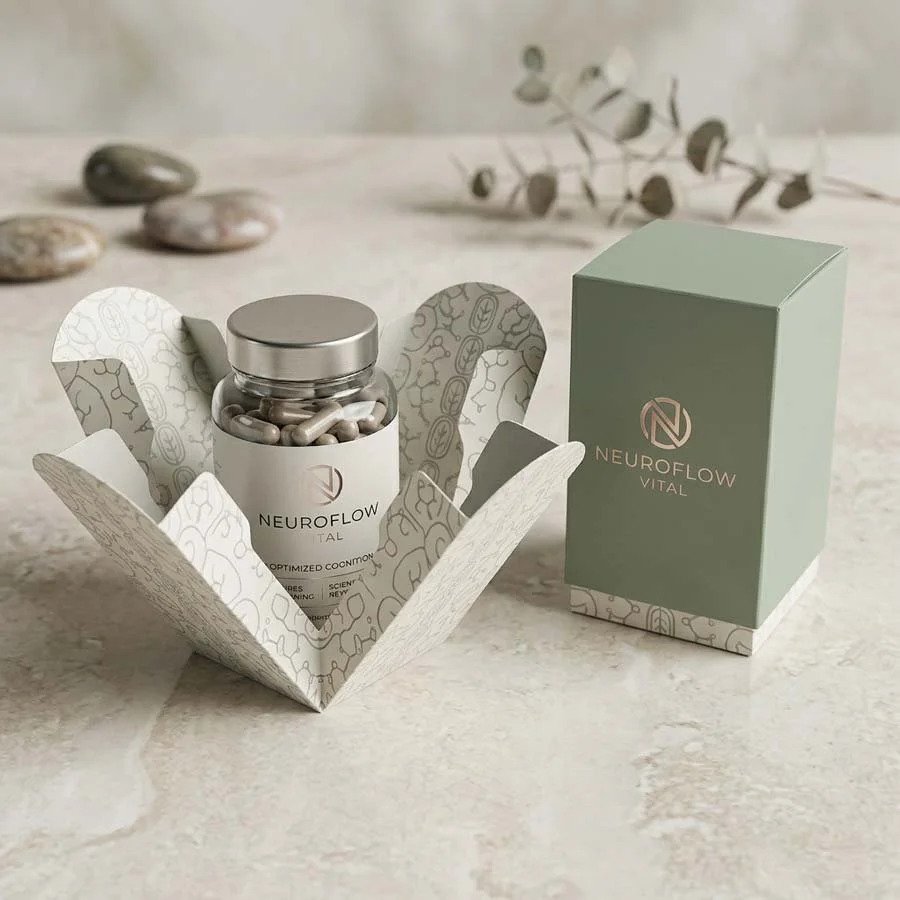 Supplement packaging folding carton with petal-style opening revealing supplement jar and premium printed inner wrap