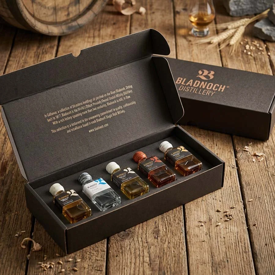 Bladnoch Distillery Whisky Miniatures Custom Subscription Packaging Printed Black