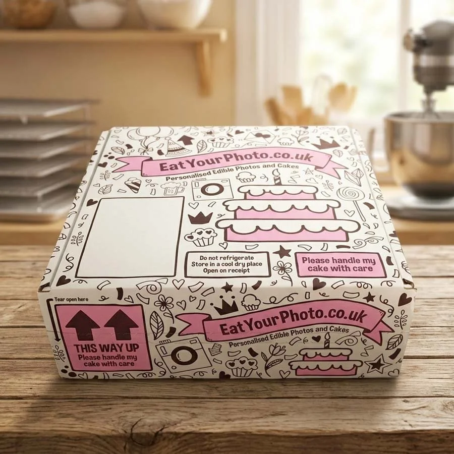 Custom designed bakery packaging for personalised cake and photo gift delivery boxes