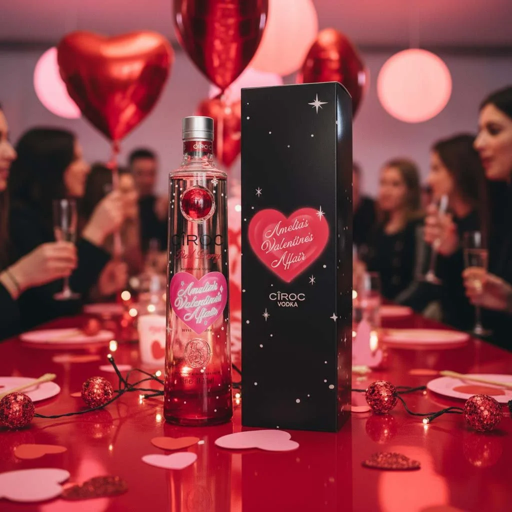 Rigid lid and base promotional gift box with foil print and secure bottle fitment on a Valentine themed table