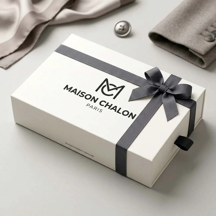 Luxury fashion gift packaging drawer box with ribbon closure, minimalist branding and premium finish in a clean lifestyle setting