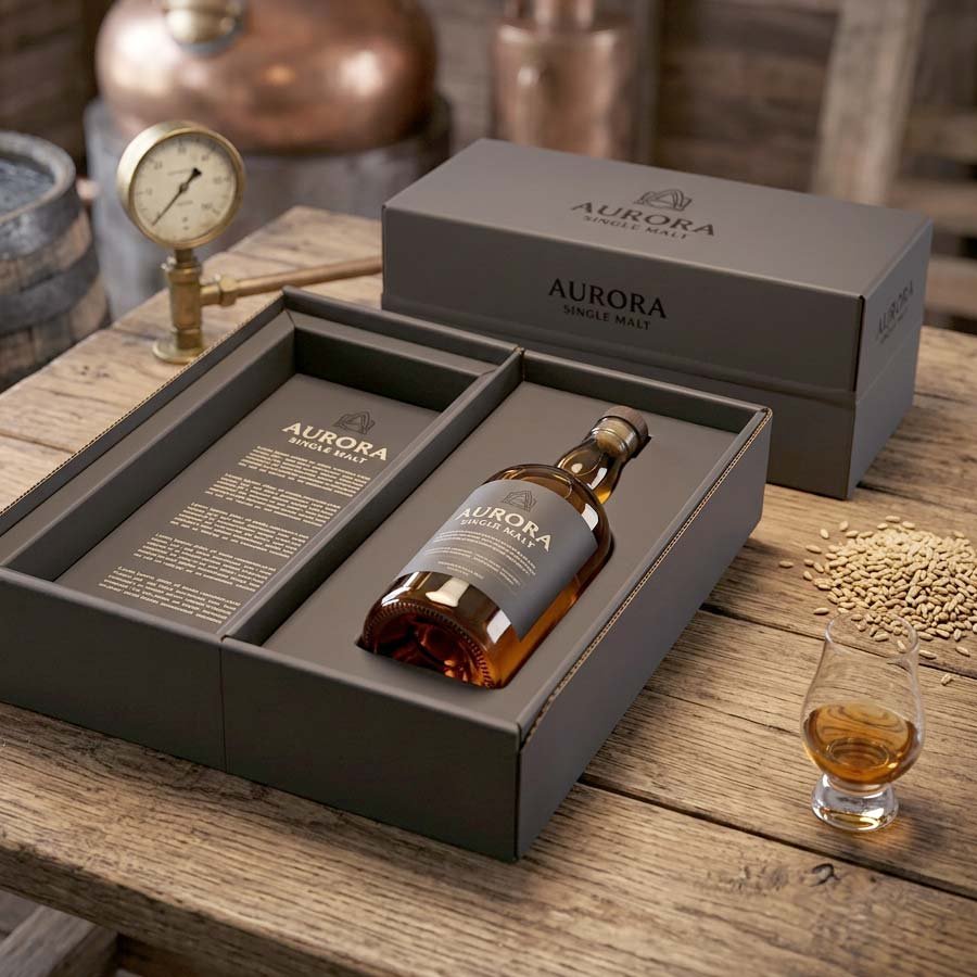 The Dog's Bo***x premium whisky ecommerce packaging showing the closed and open box on a rustic table