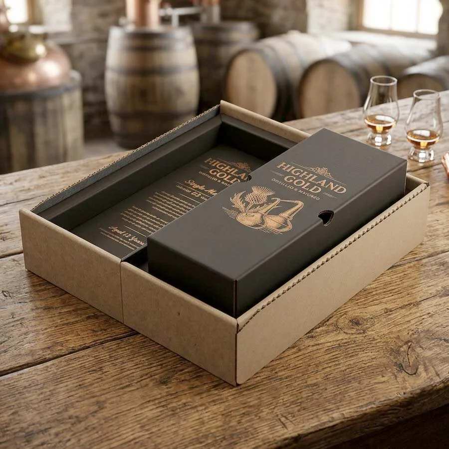 Premium whisky ecommerce packaging with extra protection made with quality brown kraft corrugate so it is fully recyclable and sustainable