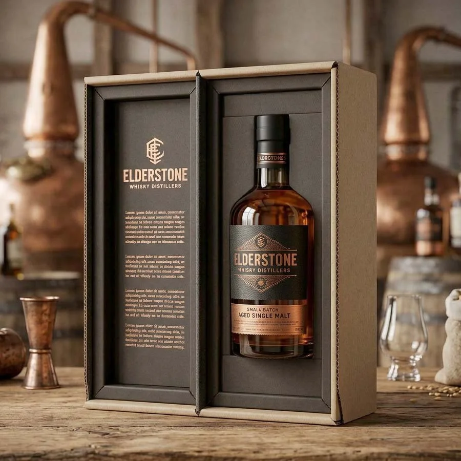 The Dog's Bo***x premium whisky ecommerce packaging made with quality brown kraft standing up displaying bottle and branded panel